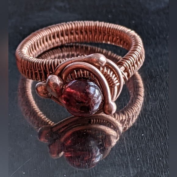 Handmade Garnet Ring Copper Wrapped Gemstone Unique Artistic Designer Jewelry - Picture 2 of 16